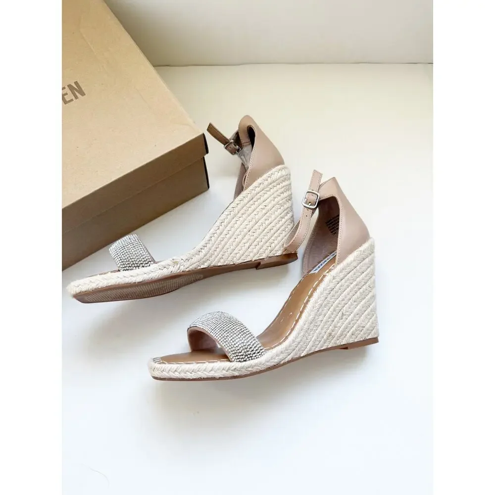 NWB Steve Madden Rhinestone Submit Wedge Sandal Espadrille Tan 9.5